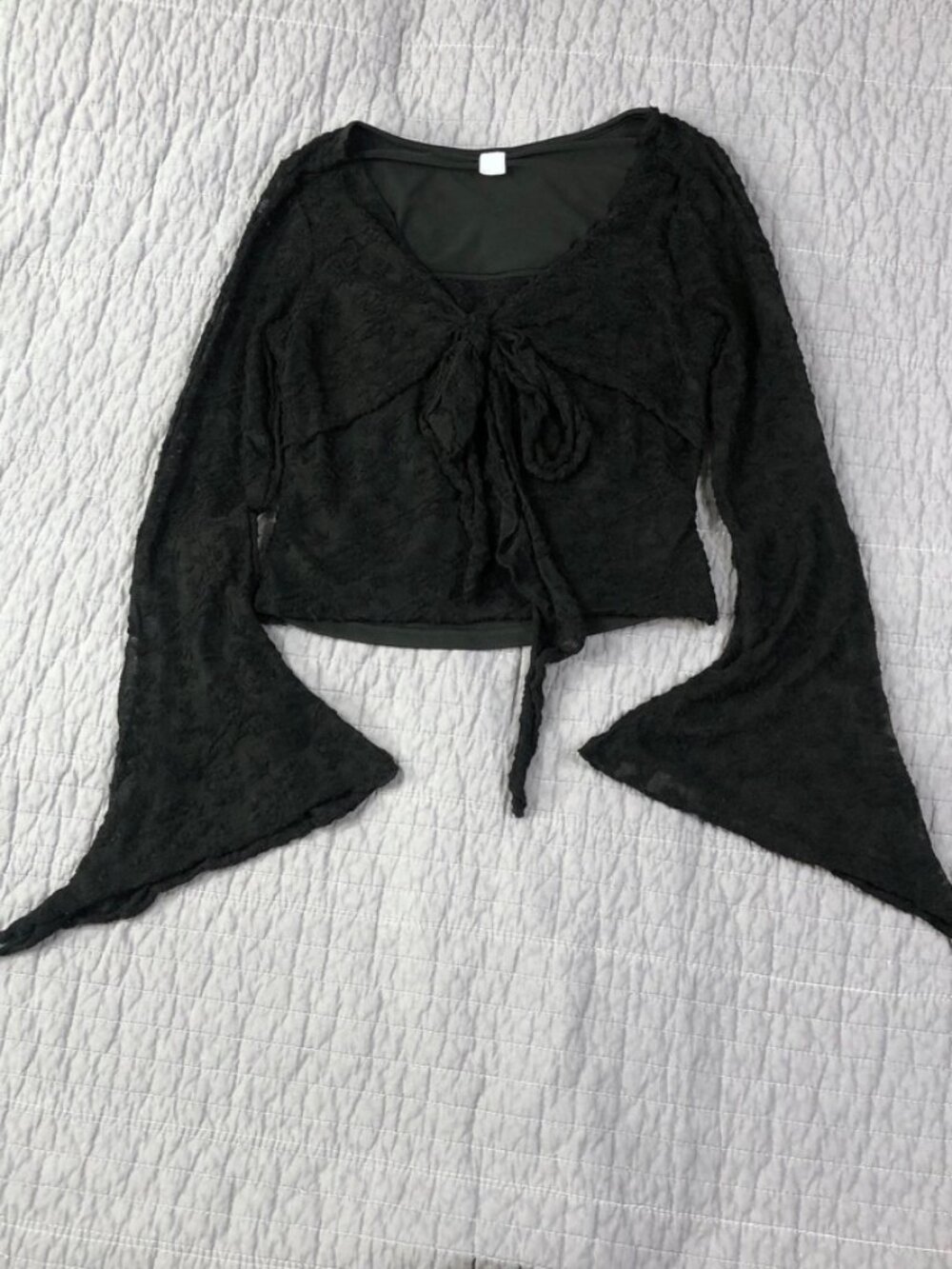 Gothic Top Women Small Black Lace Bell Sleeves Cropped Tie Front Blouse